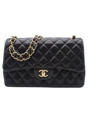 Chanel Chain Shoulder Bag Maxi Quilted 30 Double Flap Black Silver Lambskin